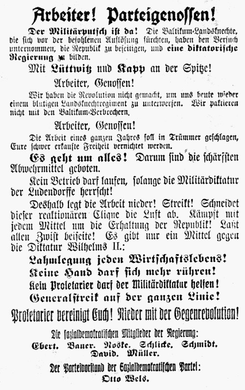 Kapp SPD Aufruf zum Generalstreik 1920 03 13